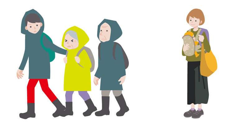 高齢者を避難誘導しているシーンと赤ちゃんを抱いた女性のイラスト