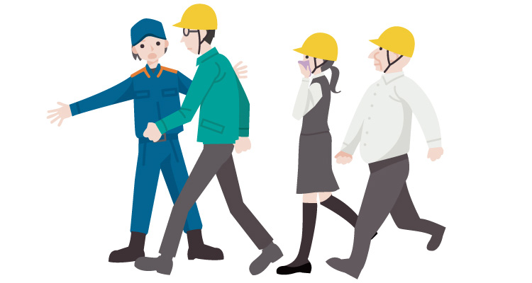 成人男性と成人女性を避難させる消防隊のイラスト