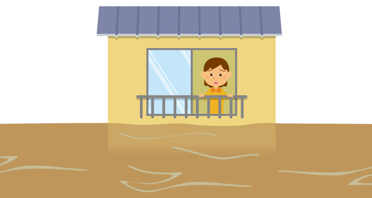 災害のタイミングを失い家の中で救助をまっている不安そうな表情の女性のイラスト