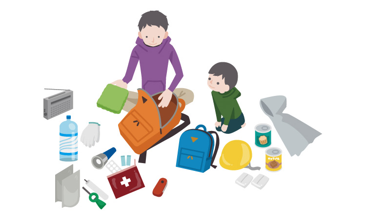 災害備蓄品の確認をしている親子