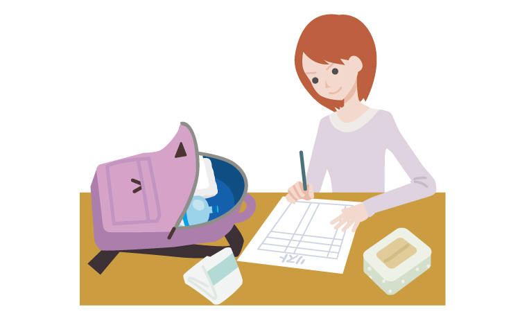 チェックリストを見ながら災害備蓄品を用意している女性のイラスト