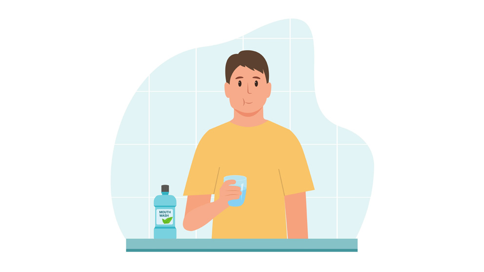 Man rinse his mouth, using mouthwash from a glass.Daily oral hygiene routine. Dental Health Concept. Vector illustration